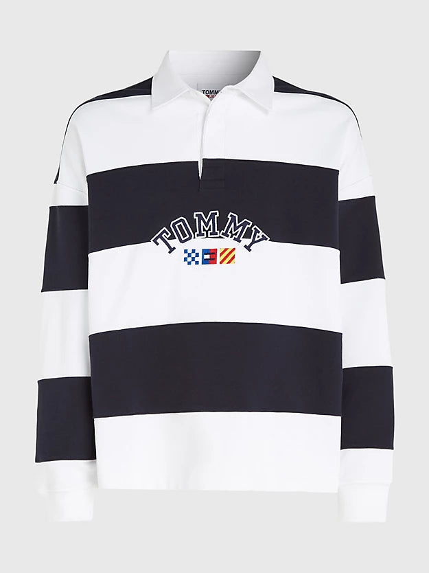 Tommy Jeans Archive Stripe Relaxed Rugby Shirt Navy & White