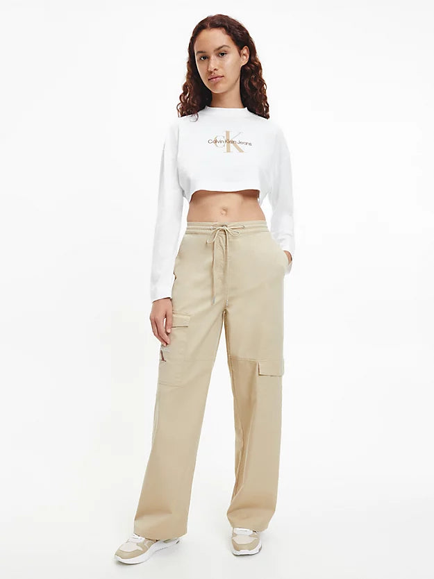 Calvin Klein Cropped Long Sleeve Logo T-Shirt White