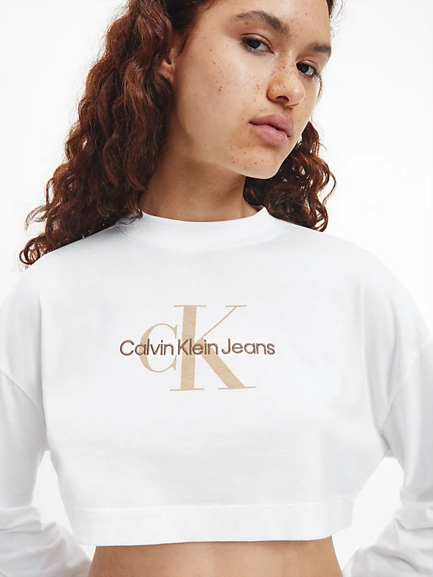 Calvin Klein Cropped Long Sleeve Logo T-Shirt White