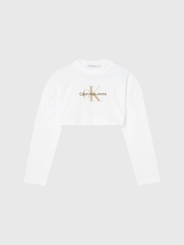 Calvin Klein Cropped Long Sleeve Logo T-Shirt White