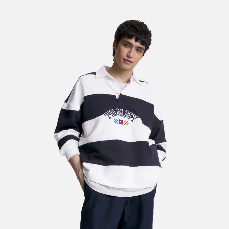 Tommy Jeans Archive Stripe Relaxed Rugby Shirt Navy & White